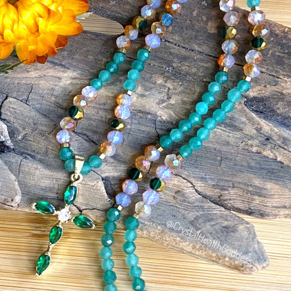 Aventurine with Austrian Crystals Christian Cross Necklace - Picture 8 of 13